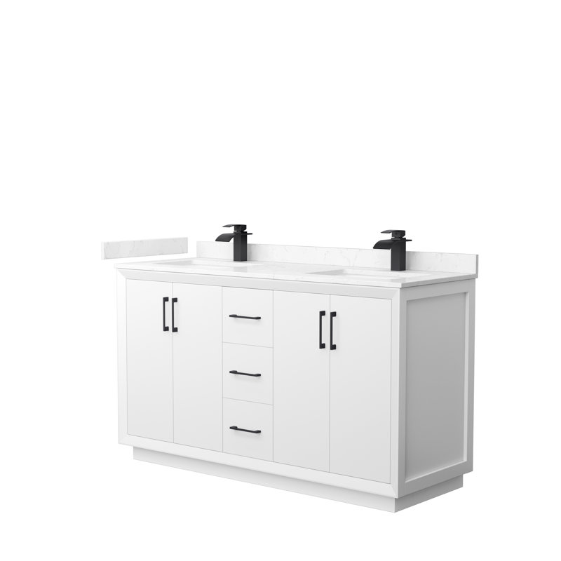 60'' Double Bathroom Vanity with Cultured Marble Top, Matte Black, White, Carrara Cultured Marble