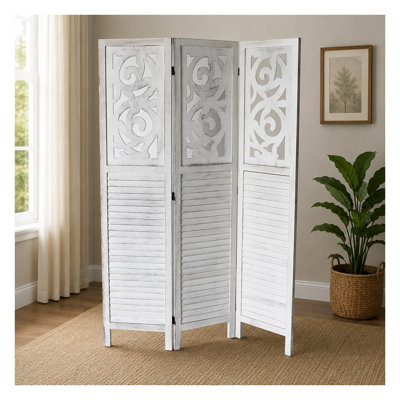 Paravent traditionnel en bois massif à 3 panneaux avec ornement en partie supérieure, style rustique à persiennes, couleur gris délavé