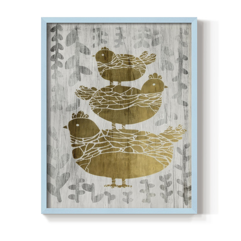 Three French Hens - Gold Leaf Holiday, reproduction encadrée - bois massif, Bleu, H 30 po x l 24 po