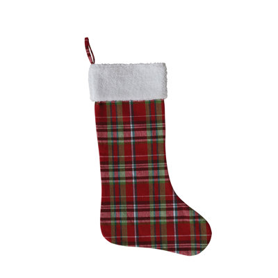 Plaid Woven Cotton Stocking with Faux Sherpa Cuff