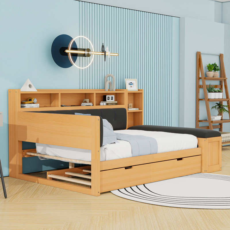 2 Drawers Full Daybed with Twin Trundle, Shelves, Side Bench and Charging Station, Black/Natural