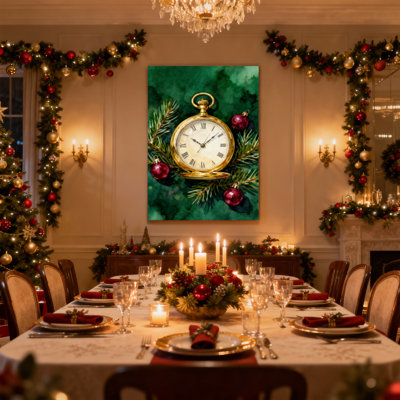 Christmas Golden Pocket Watch Christmas Ornaments Pine Branches Set of 3 Canvas Wall Art Prints