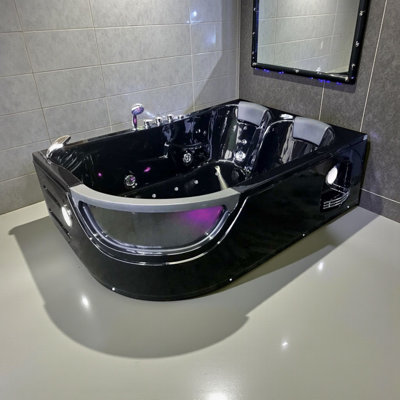  ORION 71" x 47" 2-Person Black Whirlpool Bathtub with Dual Pump & Heater
