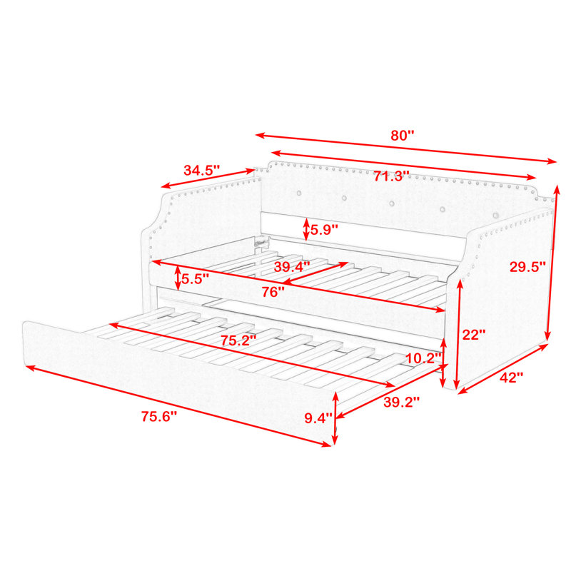 Venancio Twin Size Upholstered Daybed with Twin Size Trundle and Slat Support, Gray
