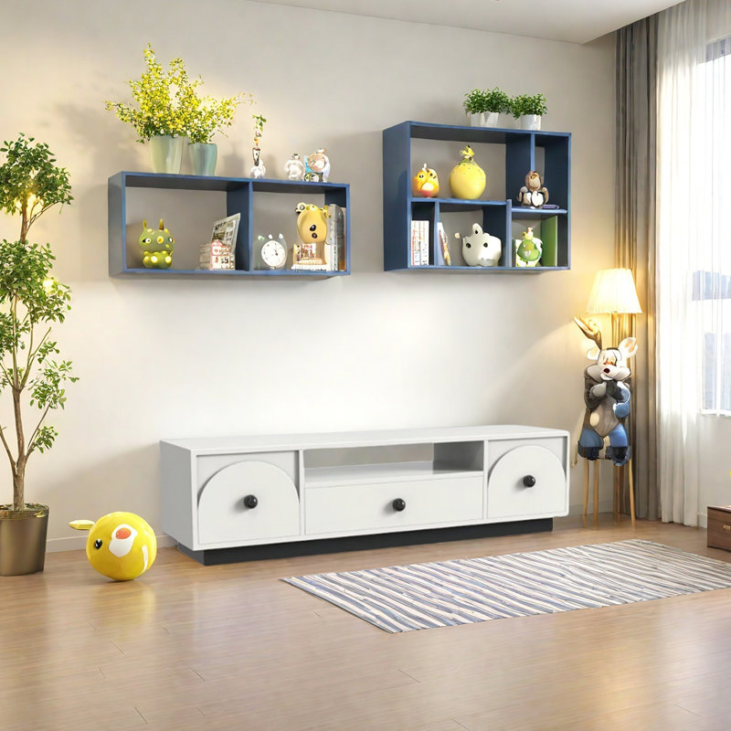 Meuble télé moderne avec poignées sphériques, H 16,53 po x L 62,99 po x l 15,74 po, Noir / blanc