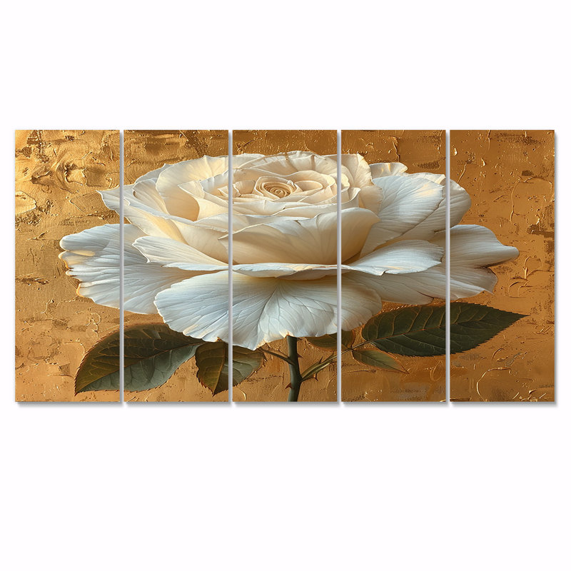 Ensemble de 5 roses en fleurs sur fond doré - Rose, H 32 po x l 80 po