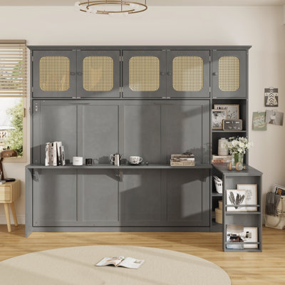 Full Murphy Bed with Desk and Rattan Cabinets, Space-Saving Wall Bed for Home Office, Antique Gray