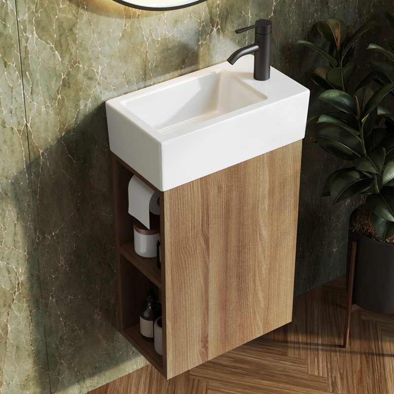 DeerValley Wall Hung Bathroom Vanity with Basin, Metal Holder, Side Open Shelf, 41.5x23x68cm, Natural Wood Grain