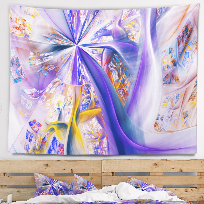 Tapisserie abstrait mauve à courbes fractales jaunes, H 50 po x l 60 po