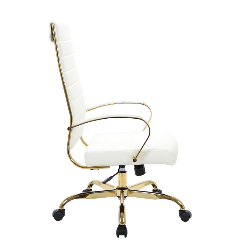 Mid-Century High-Back Swivel Office Chair in White Leather