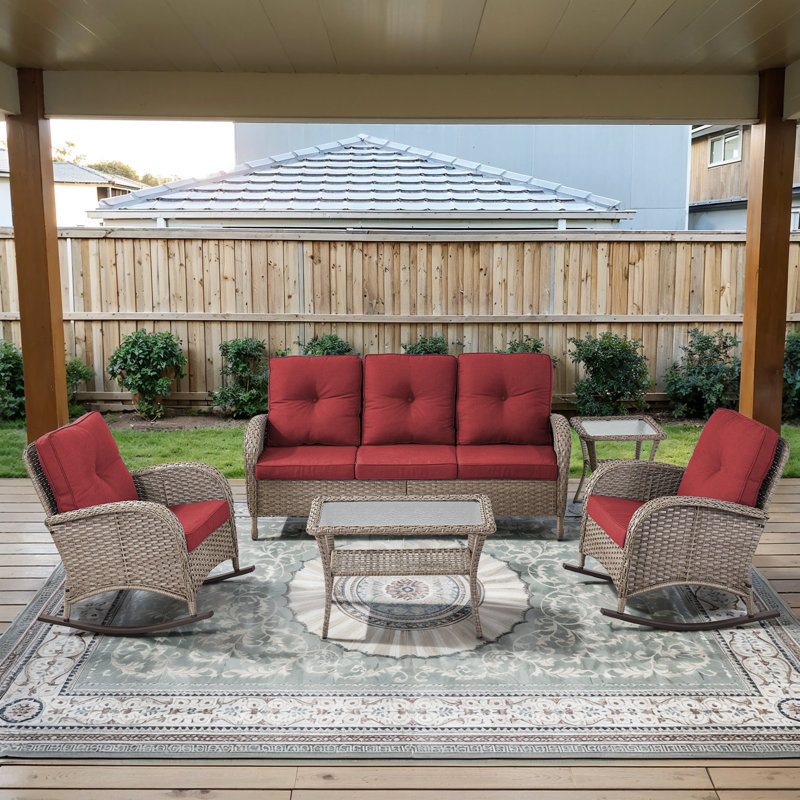 Outdoor Courtyard Wicker Sofa Conversation Set With Rocking Chairs, Gray, Red