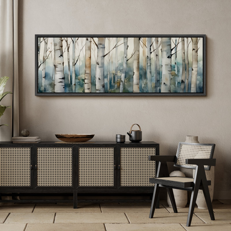 «Blue Birch Tree Forest», impression sur toile encadrée surdimensionnée, H 20 po x l 60 po, Noir, noir, noir, noir