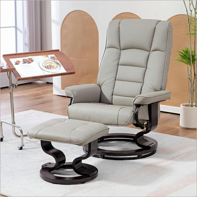 Recliners for Living Room, Modern Swivel High Back Recliner with Ottoman, Wood Frame | Charcoal Gray | Faux Leather, Gray