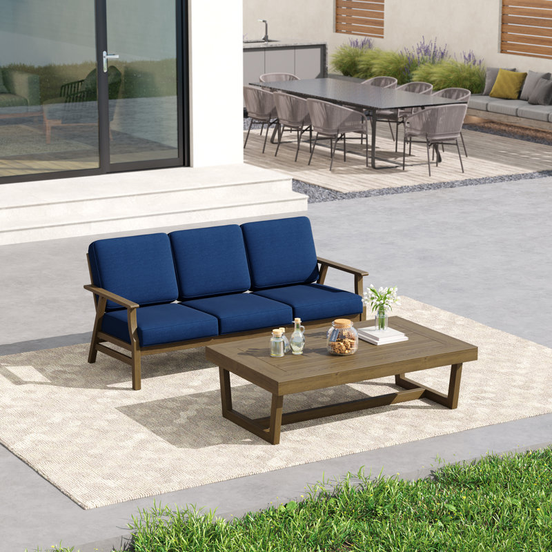 2-Piece Conversation Set,Solid Teak Wood Sofa And Coffee Table Set With Cushions, Light Camel, Black