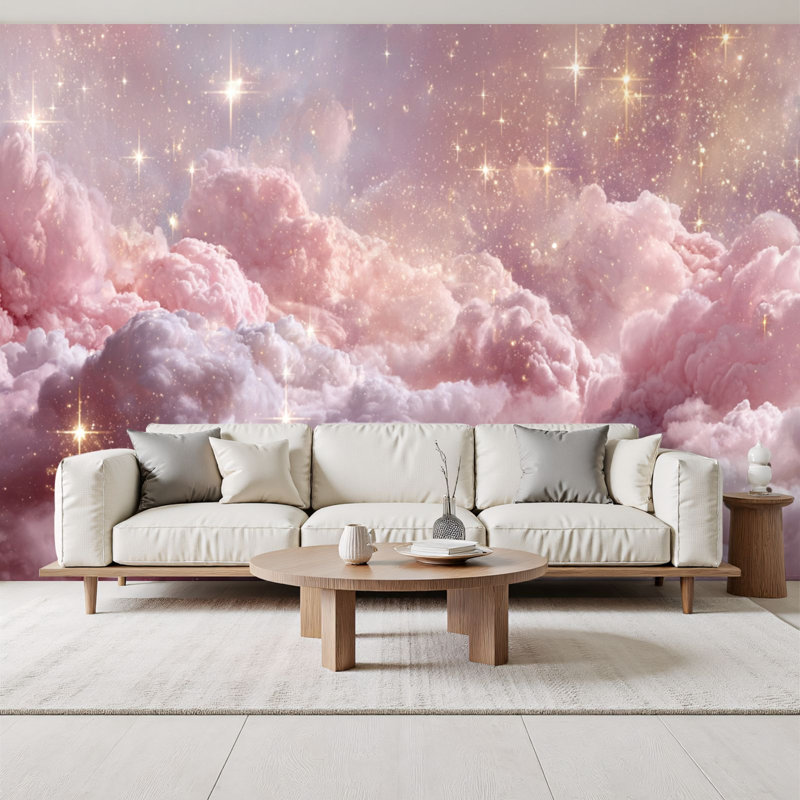 Papier peint autocollant Boho Clouds Dreamy Pink Lavender Landscape Golden Stars, L 96 po x l 69 po