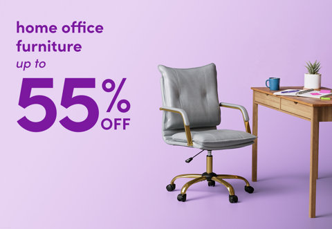 Home office furniture up to 55% off with a light gray upholstered desk chair and wooden desk on a lavender background.