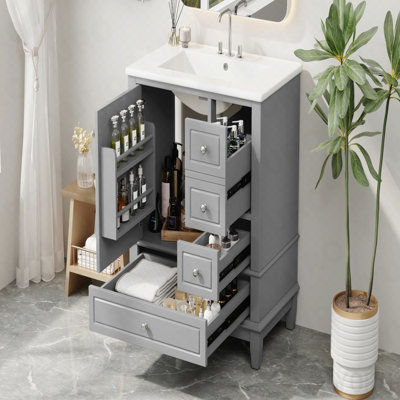 Meuble-lavabo 30 po avec lavabo, une porte avec tablette et trois tiroirs, porte à fermeture douce, gris