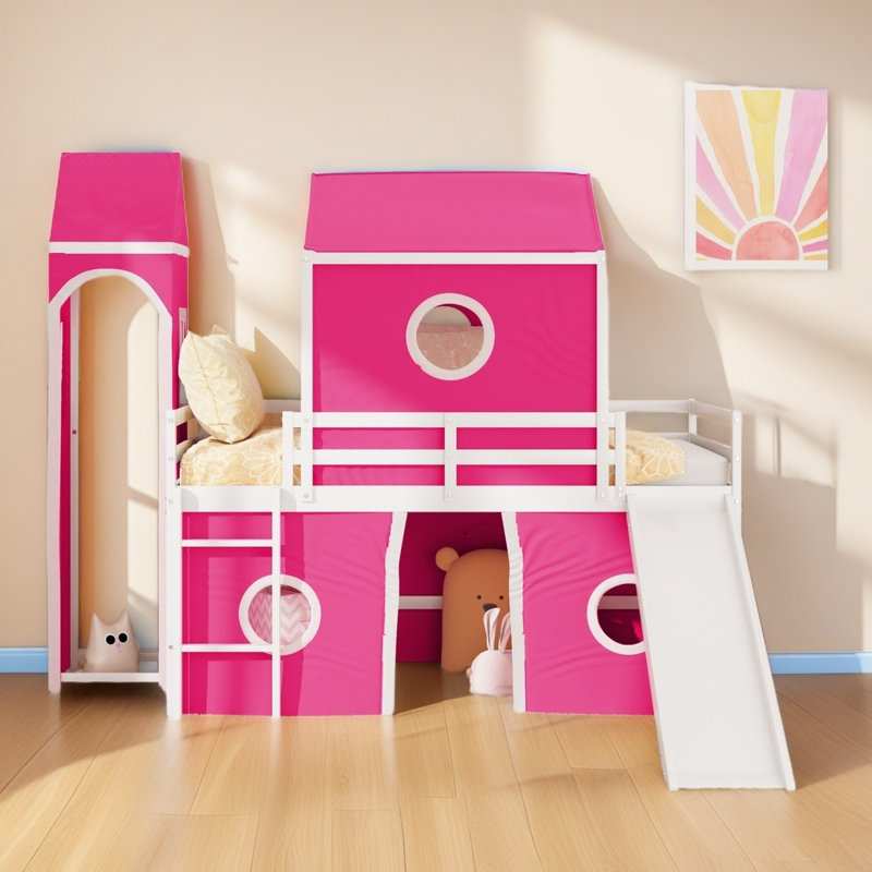 Lit mezzanine simple avec tente et tour coulissante, Rose