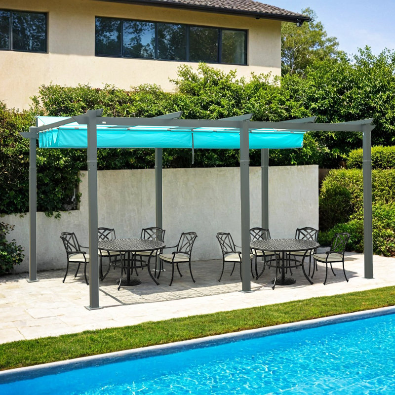 11x16 FT Retractable Aluminum Pergola with Lake Blue Canopy for Patio,Garden
