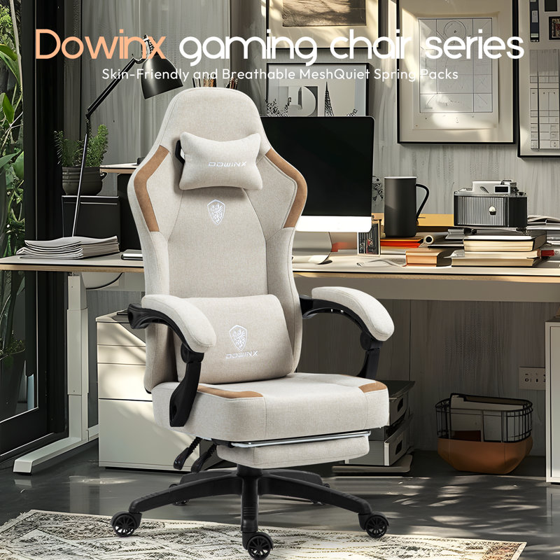 Chaise de jeu Dowinx en tissu avec coussin à ressorts ensachés, chaise d'ordinateur respirante, 300 lb, Beige