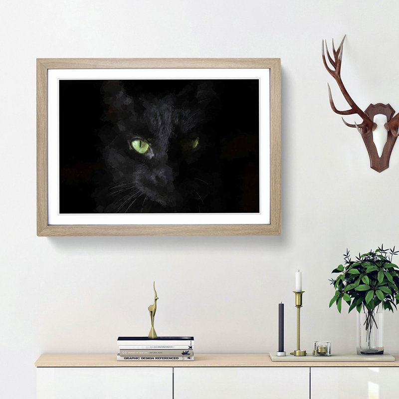 Black Cat with Green Eyes in Abstract - Picture Frame Graphic Art Print, 62cm H x 87cm W x 2cm D, Oak Framed