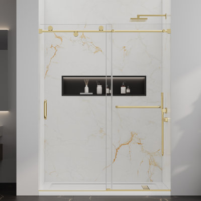 60-60.8" W X 76" H Frameless Shower Door, Sliding Shower Glass Door With Explosion-proof Film, Water Repellent Shower Door With 1/4" (6mm) Clear Tempered Glass, Stainless Steel Hardware