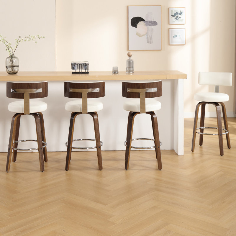 Sonja Swivel Upholstered Counter Stool, Bar Stool (29" Seat Height), White Seat/ Brown Frame