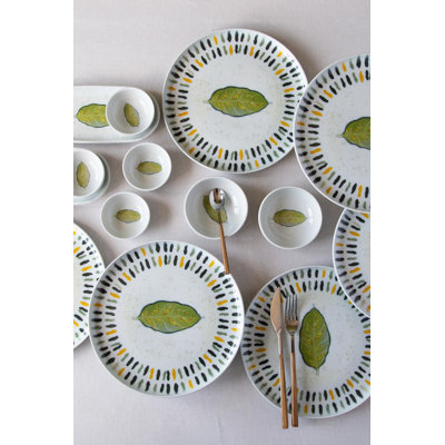 14-Piece Breakfast Set, 100% Porcelain, Includes 6 Service Plates (9.4 in), 2 Joker Bowls (4 in & 3.1 in), 2 Platters (8.3 in) | Dishwasher & Microwave Safe | Elegant White, Green & Yellow Design for Stylish Dining