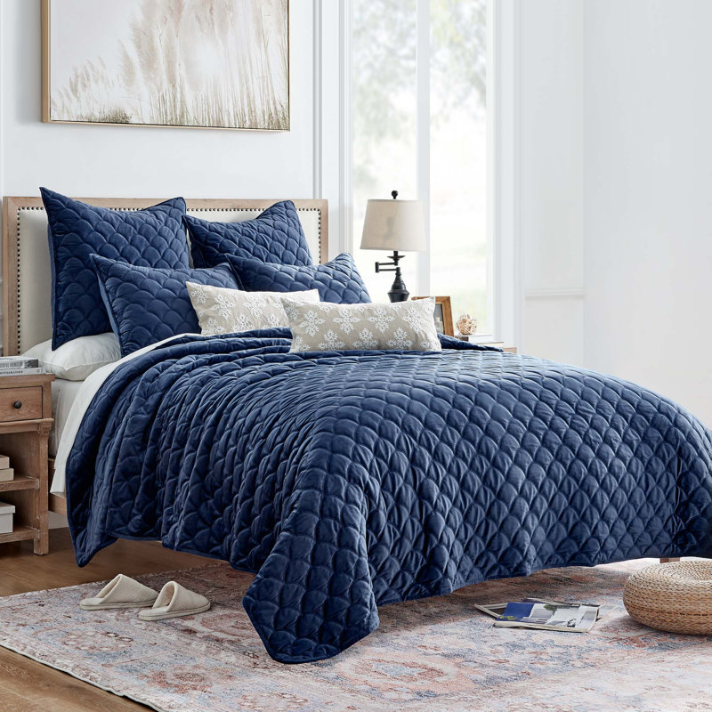 Velvet Quilt Set, King Quilt + 2 King  Shams, Navy