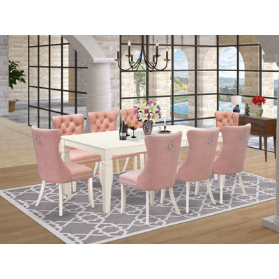 Ensemble de cuisine 7 pièces 7C4702DC2AA84E25A1C4754E22070D9B comprenant une table de salle à manger rectangulaire avec rallonge amovible et 8 chaises rembourrées, lin blanc