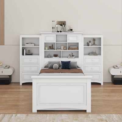 Lit plateforme simple en bois avec armoire verticale tout-en-un et 4 tiroirs
