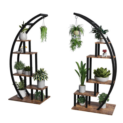 Half Moon 5 Tier Large Plant Stand for Home Patio Lawn Garden Balcony, Brown