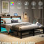 Cadre de grand lit avec lumières, tête de lit en bois, lit en métal de taille efficace, tablette stratégique, aucun sommier nécessaire-118082810-118082811