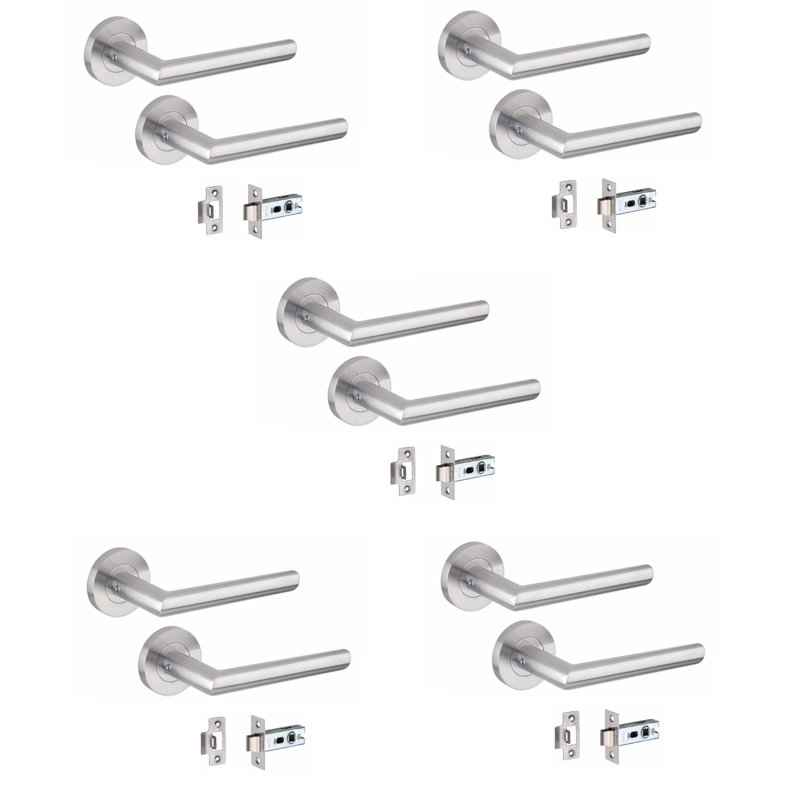  5 Pairs Mitred Design Door Handles on Round Rose with 2.5" Tubular Latch - 52mm Diameter, Latch and Installation Hardware