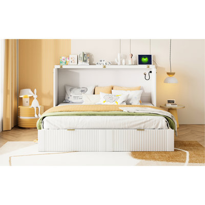 Grand lit blanc, tiroir et poulie lisse avec douilles et ports, structure - peu encombrant
