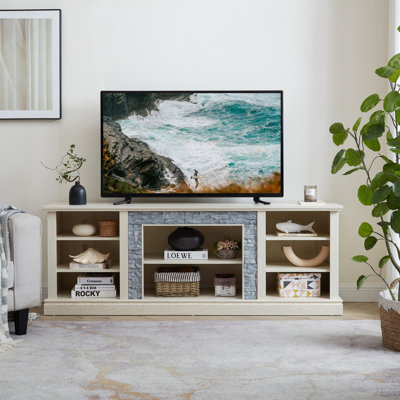 Grand support de rangement pour bureau de télévision avec bordure en faux pierre, console média avec grand meuble de rangement, meuble télé multimédia moderne