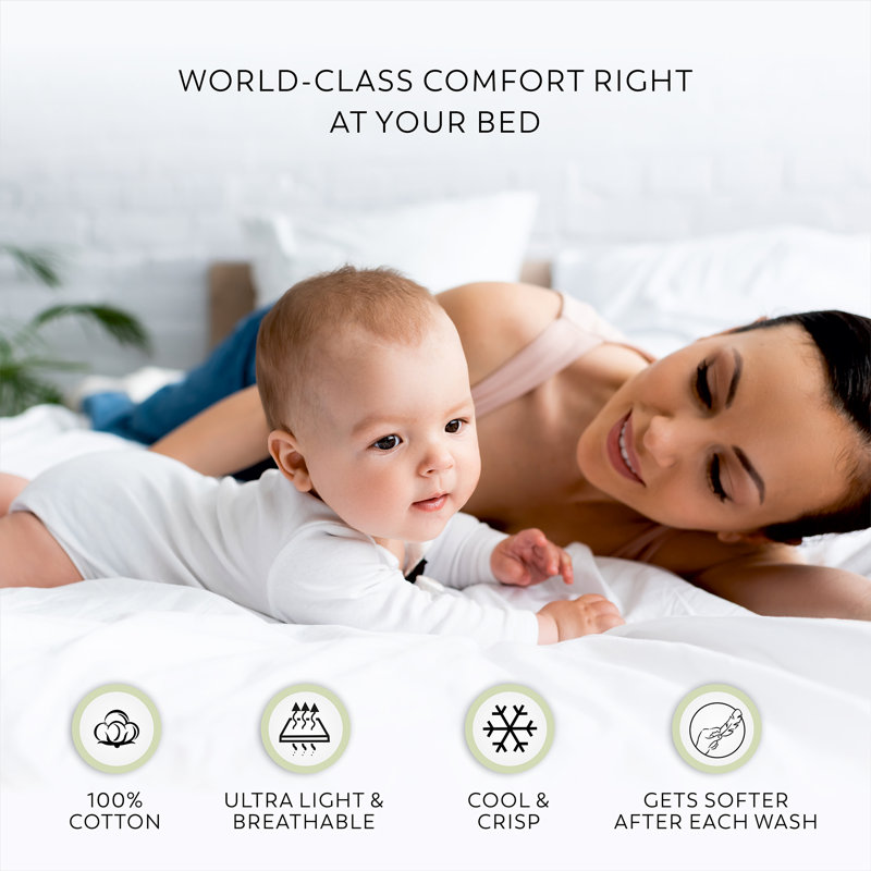 100% Cotton Lightweight Percale Weave Sheet Set, Queen Sheet Set with 2 Pillowcases, White