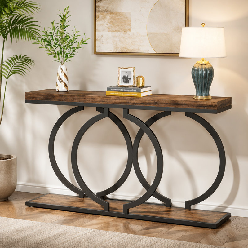 Console de 140 cm (55 po), table d'entrée étroite avec cadre en métal géométrique, Black / Brown