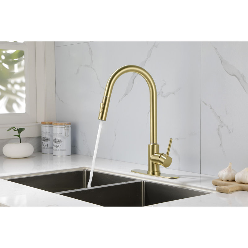 Robinet de cuisine rétractable en acier inoxydable doré - Buse haute pivotante à 360 °, poignée simple pour un ajustement facile de la température et du débit de l'eau Profondeur, largeur 10,24, 9,14