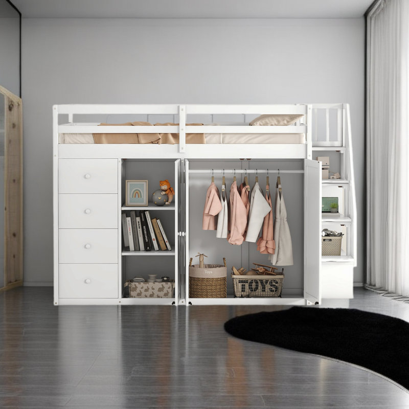Lit mezzanine double avec tiroirs Javonti Kids, Blanc