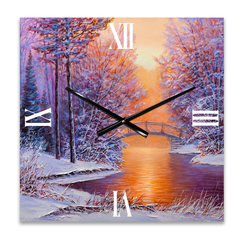 Pont sur la rivière dans un paysage d'hiver - Horloge murale traditionnelle, Très grand