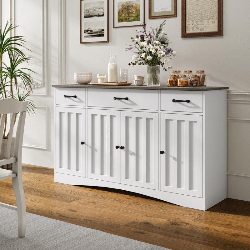Buffet 55,1 W avec 3 tiroirs, tablettes réglables et grand tiroir, Gris / blanc