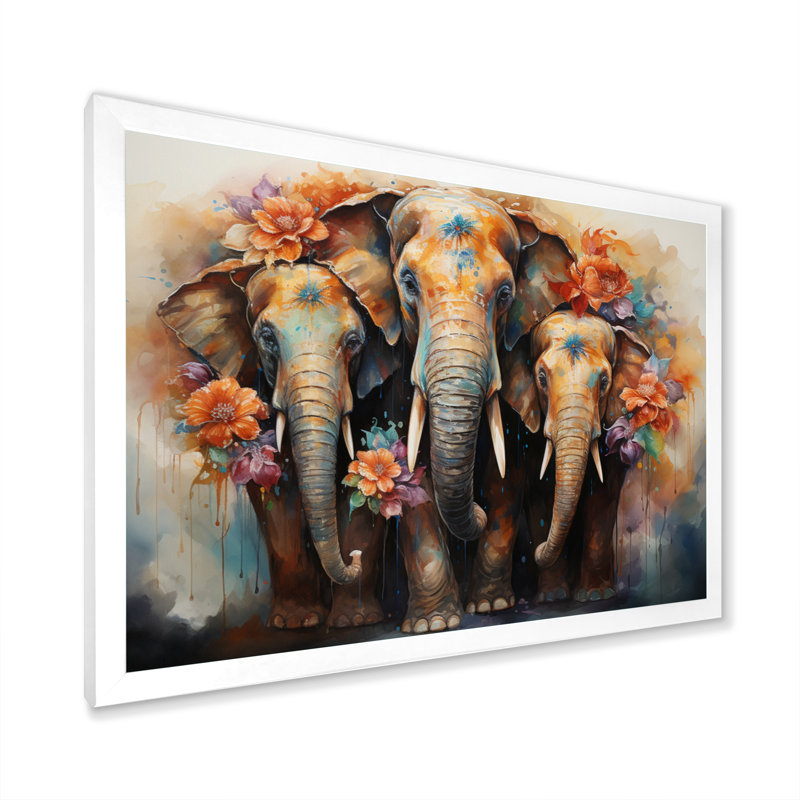 Art asiatique, éléphants thaïlandais - impression, H 30 po x l 40 po x P 1,5 po, Cadre photo blanc