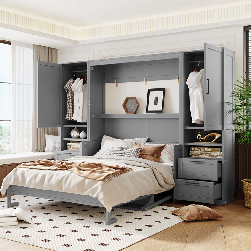 Grand lit escamotable mural avec placard, tiroirs et tablettes, Gris