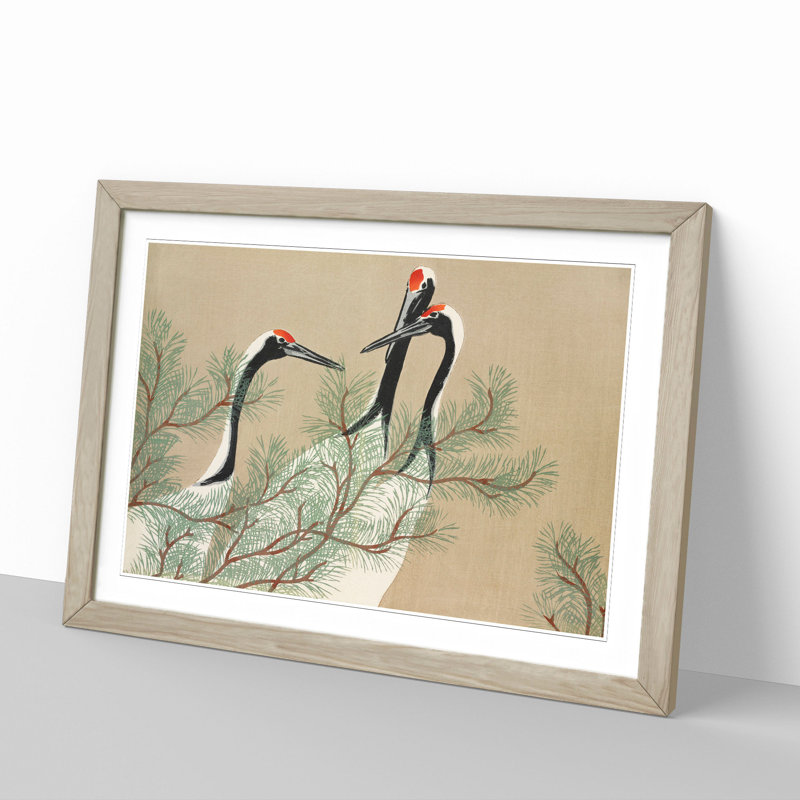 Three Cranes by Kamisaka Sekka - Picture Frame Painting, Oak, 36cm H x 48cm W x 2cm D