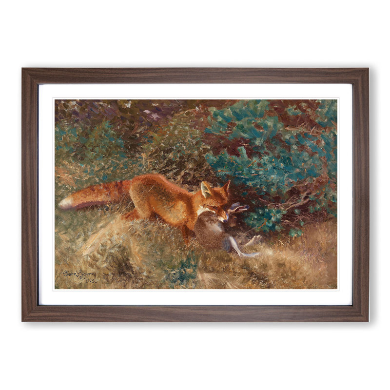Fox with Brown Hare by Bruno Liljefors - Picture Frame Painting, 48cm H x 65cm W x 2cm D, Walnut Framed