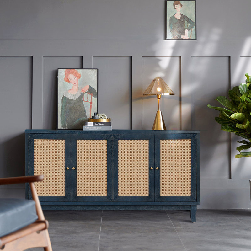 Buffet 4 portes en rotin, crédence en bois de style Mid-Century avec boutons ronds en laiton pour le salon (bleu), Marine