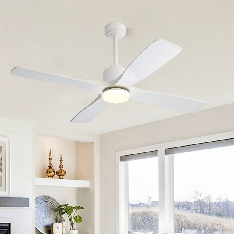 Ventilateur de plafond 4 pales en bois massif avec ensemble d'éclairage Dc Motor, Blanc, 48 po de largeur, Blanc