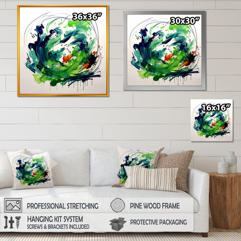 «Green and White Abstract Ink Expression III», art mural abstrait, Toile tendue, H 36 po x l 36 po x P 1,5 po