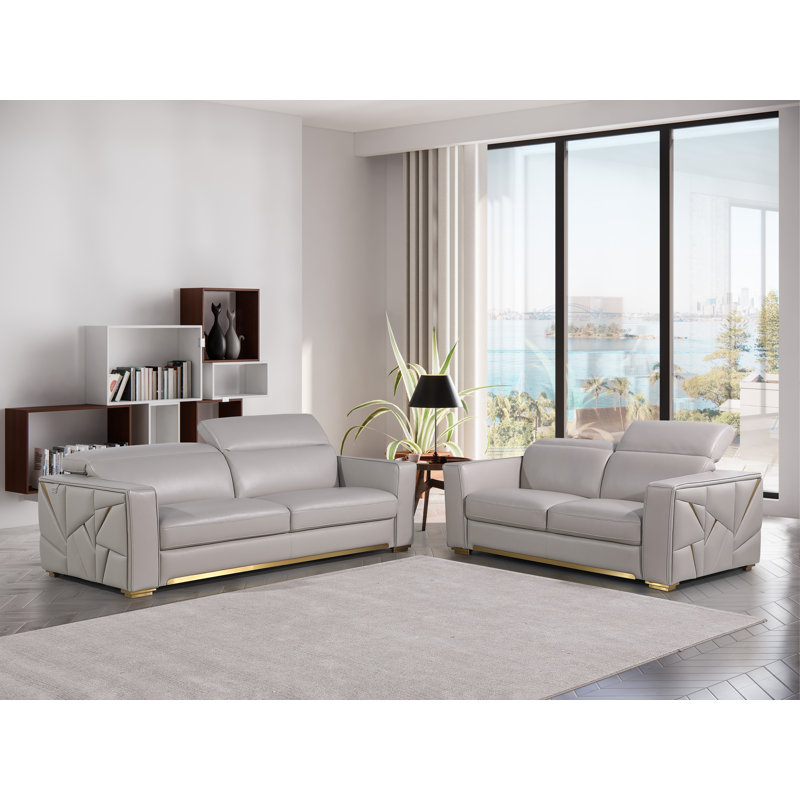 Ensemble de salon en cuir italien 2 pièces Aylar, Gris clair